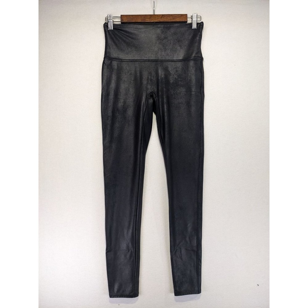 SPANX Leggings Women's Large Shapewear Faux Leather Look Black Shiny Stretch